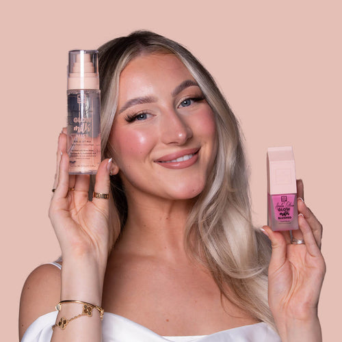 Achieve a signature luminous Amelia’s Olivia look by applying a few dots of Glow Milk Blushed on cheeks using the Glow Milk sponges. Follow up with applying liquid highlighter on high points of your face and collarbones. Apply a few drops to where you like to highlight on your face. Blend using a damp beauty sponge for a flawless finish, or gently blend with your fingers or favourite brush. Set & Seal you makeup with Amelia’s Glow Milk Mist. 