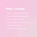 What's included:
Grace's Moisturising Priming Base
Grace's Refillable Cleansing Balm
Coco Gold Perfecting Primer
Peptide Calm Lip Treatment in Lychee
Hand-held heart mirror.
Set of Grace's Faces hair clips