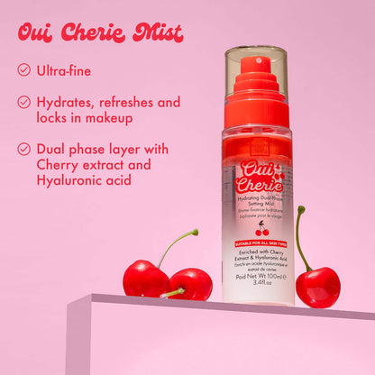 Oui Cherie Mist
Ultra-fine
Hydrates, refreshes and locks in makeup
Dual phase layer with Cherry extract and Hyaluronic acid